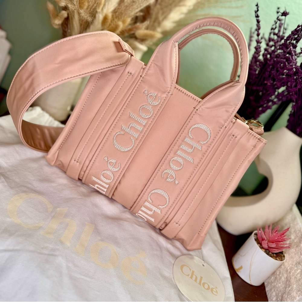 NEW! Chloe Nylon Rose Dust Small Woody Tote Bag
